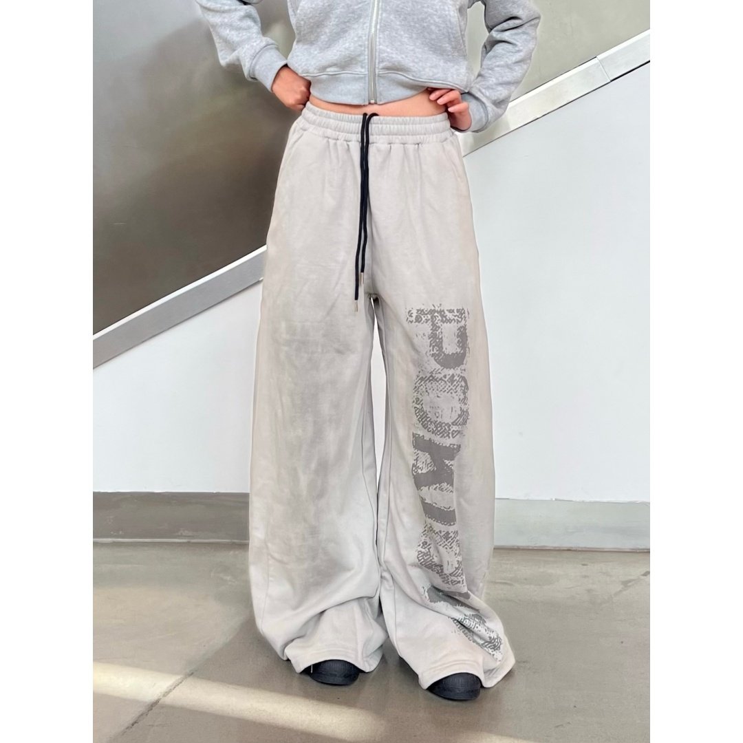 美式重磅水洗字母印花抽绳卫裤女街头爵士舞宽松阔腿垂感慵懒长裤