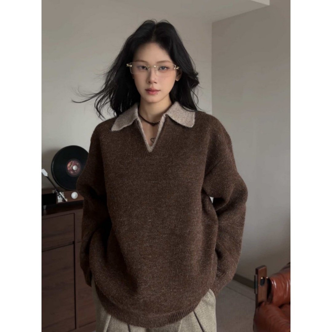 美式潮牌痞帅老钱风粗针翻领毛衣男女秋冬季保暖假两件V领针织衫