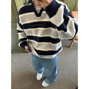 美式复古撞色条纹针织衫男女秋季vintage宽松ins休闲上衣V领毛衣