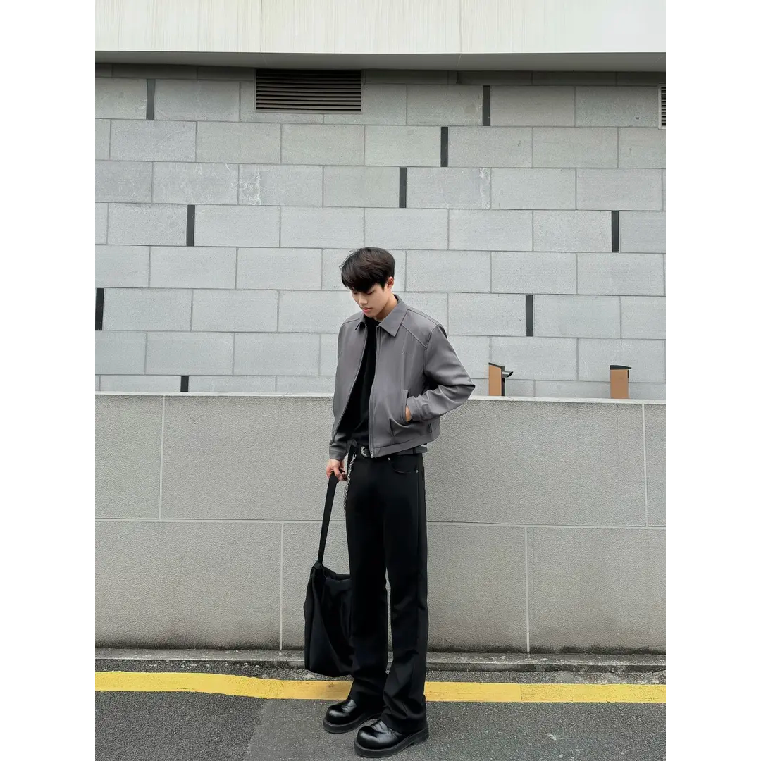 美式cleanfit高级感灰色西装外套男秋季简约休闲宽松短款垫肩夹克