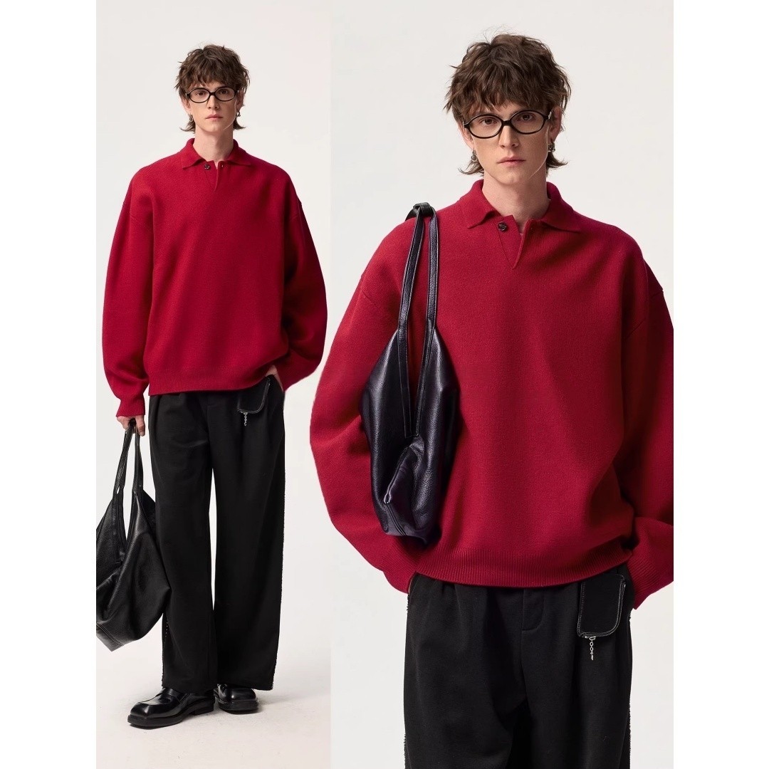 新年圣诞红色高密厚实polo领毛衣男款秋冬季保暖本命年翻领针织衫