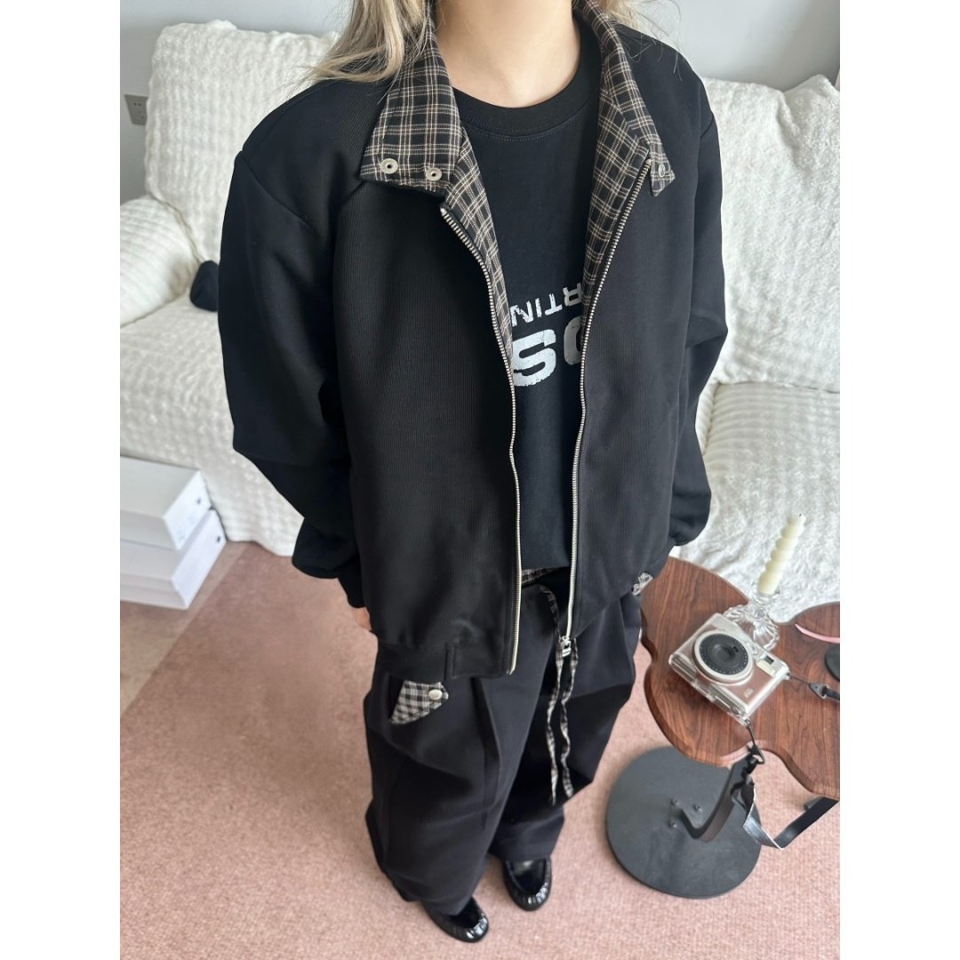 哈灵顿格子拼接外套男款秋季cleanfit短款棒球服美式复古工装夹克