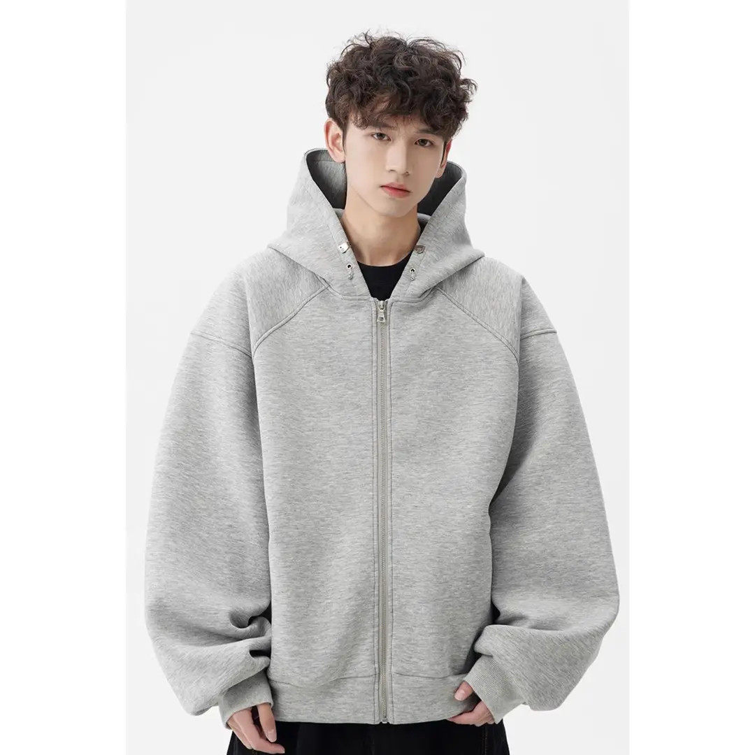 欧美嘻哈灰色连帽卫衣男潮牌宽松拉链开衫空气棉重磅休闲帽衫外套