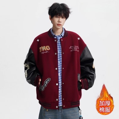 美式字母立体刺绣棒球棉服男秋冬季保暖小众痞帅夹克重工棉衣外套