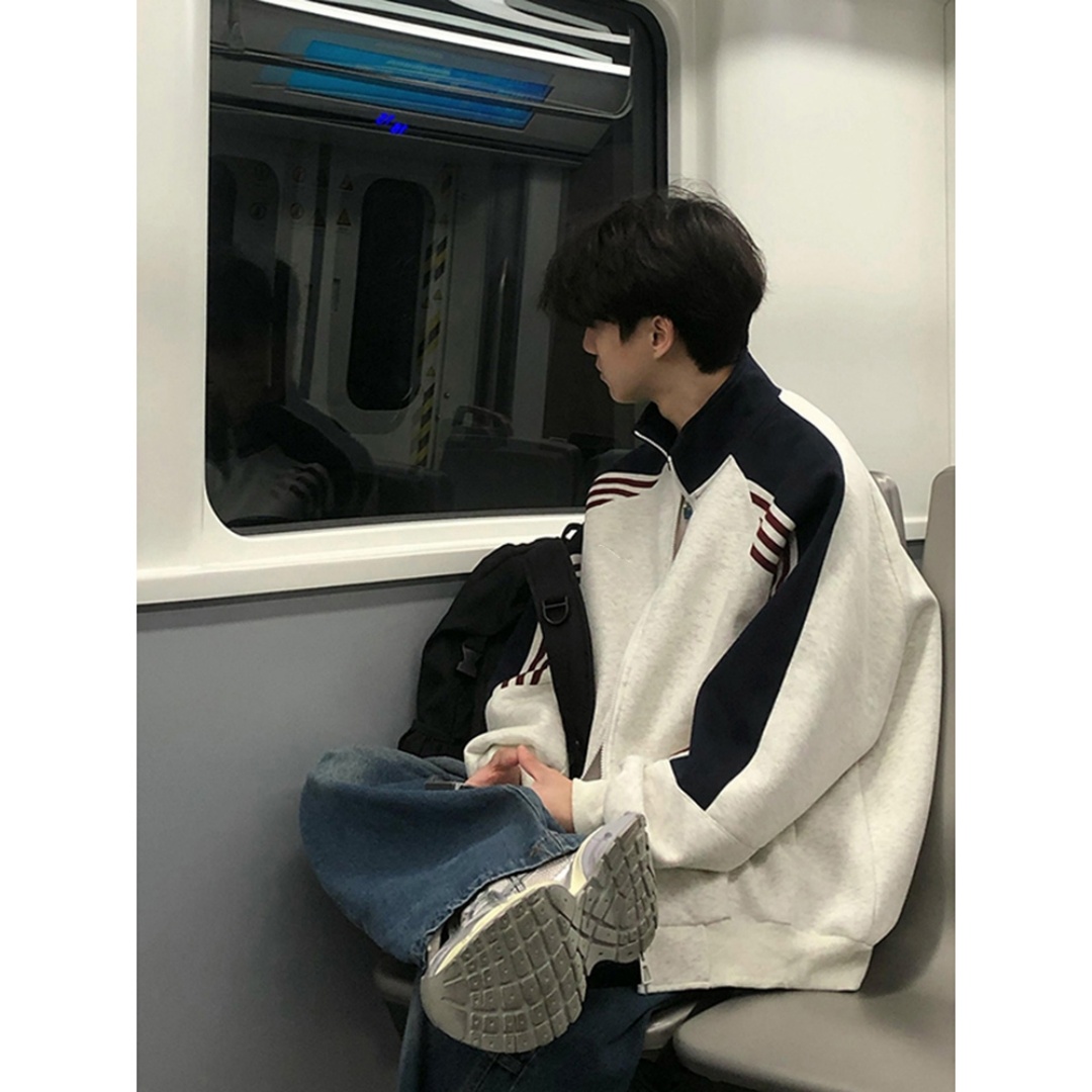 美式撞色拼接运动夹克男春秋vintage情侣卫衣痞帅条纹棒球服外套