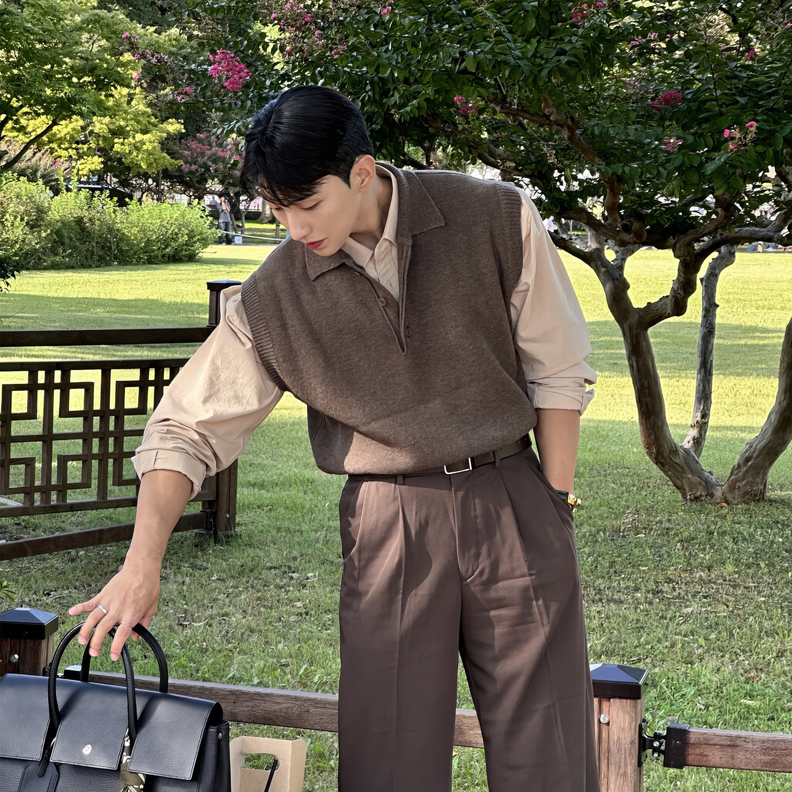翻领针织衫背心男士秋季韩版美拉德穿搭无袖毛衣轻熟风polo领马甲