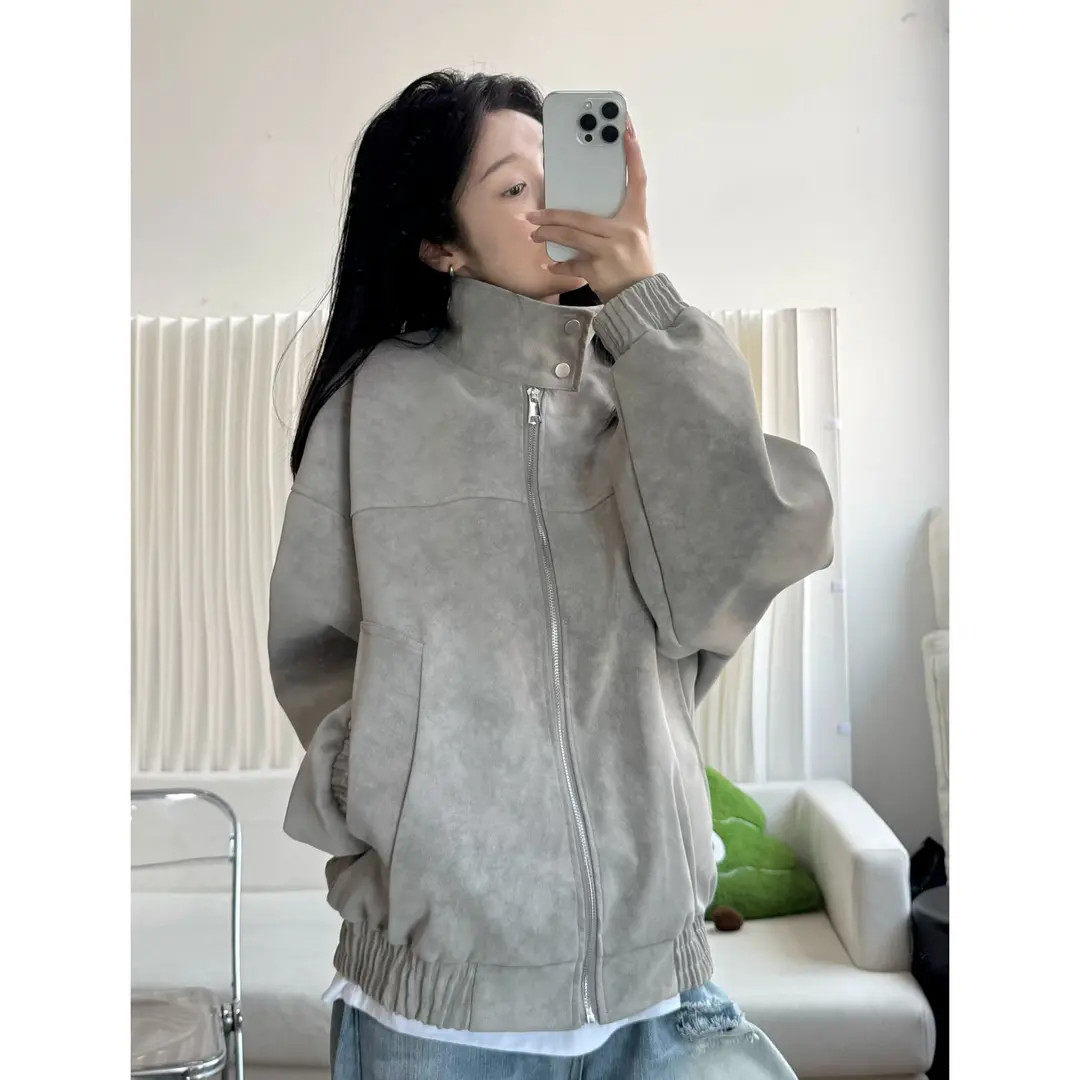 扎染pu皮衣短款外套男士重磅立领美式痞帅宽松高级感棒球服夹克