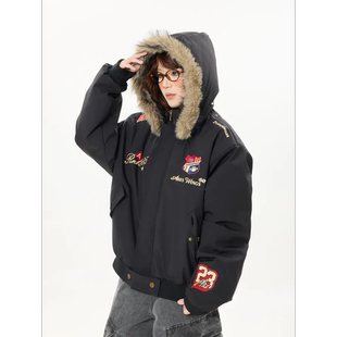 美式复古刺绣徽章毛领可拆卸连帽棉衣男女秋冬季保暖加厚棉服外套