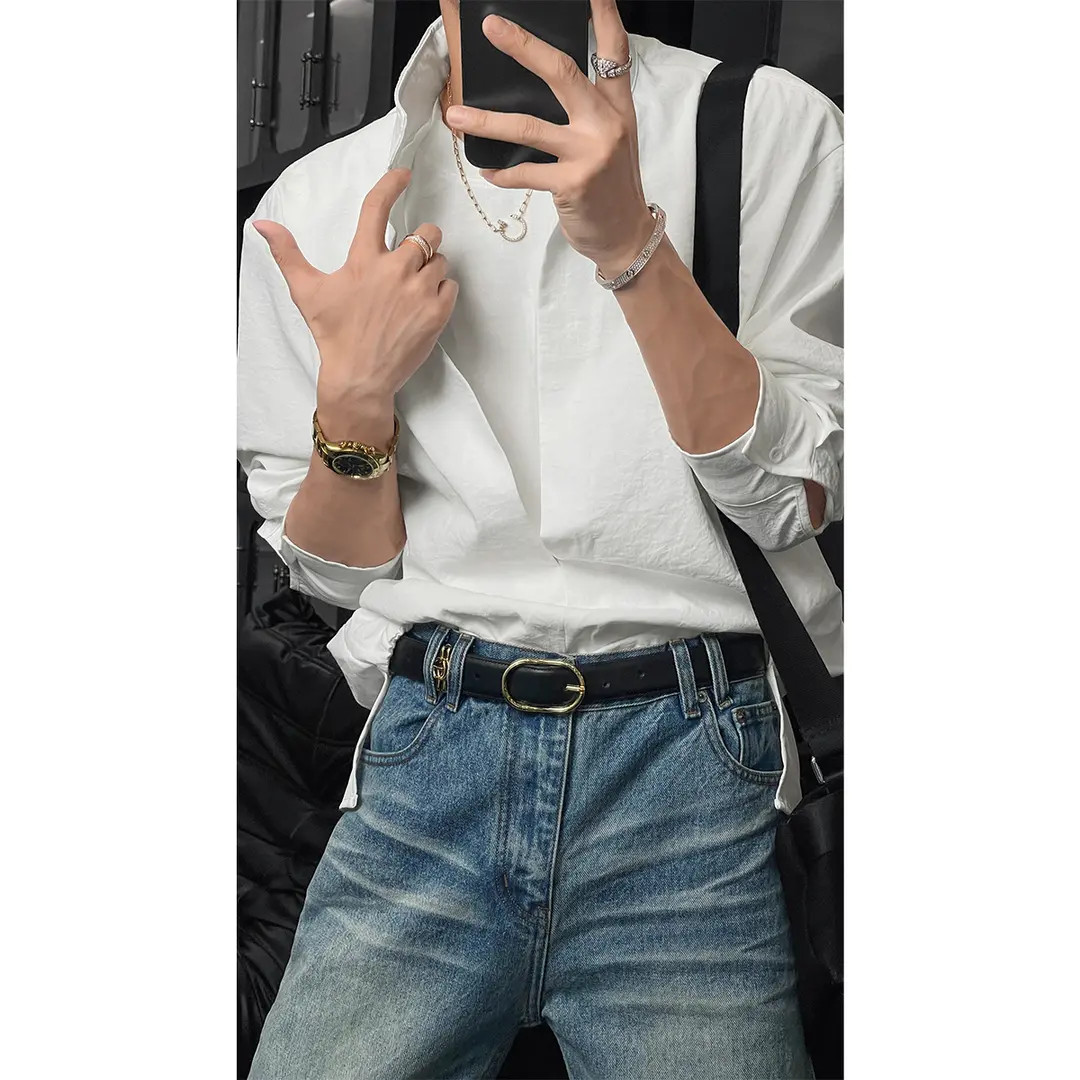 老钱风秋季新款潮流双层假两件设计小众圆领T恤百搭宽松长袖衬衫