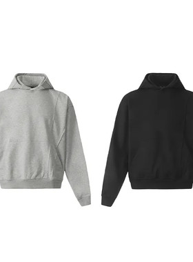 分割解构boxy短款灰色卫衣男女连帽秋季宽松帽衫W22