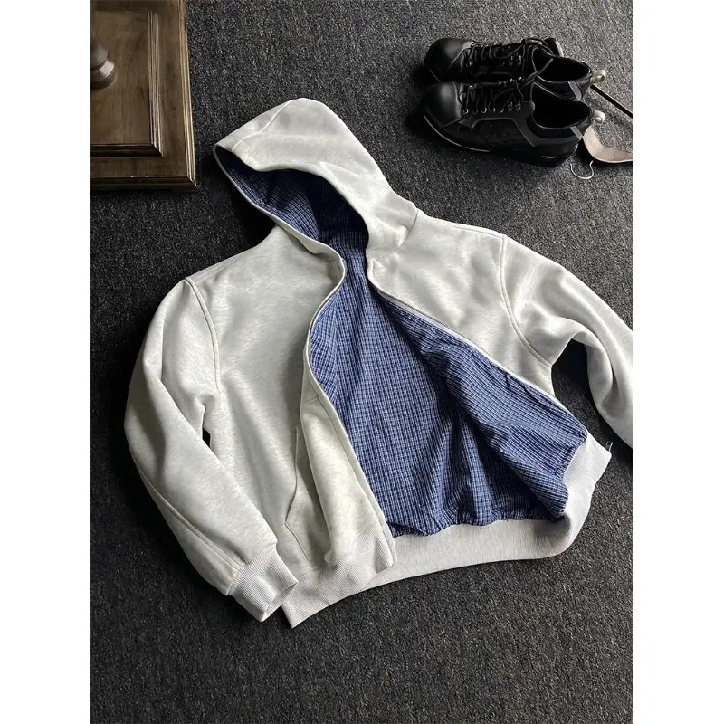 美式复古双面穿miu系皇家秋季蓝格纹拉链卫衣休闲开衫长袖外套