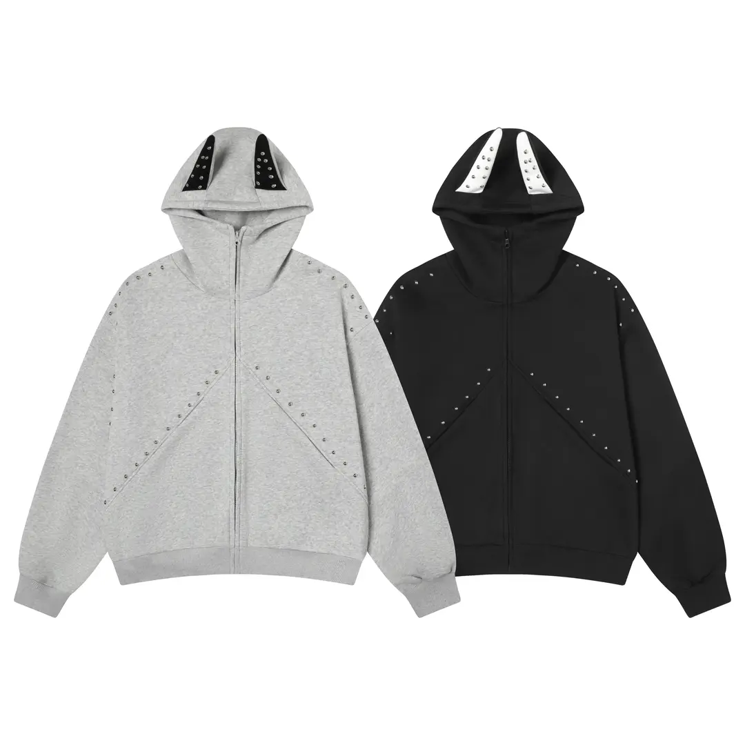 国潮美式拼接铆钉杜宾犬耳朵连帽开衫卫衣 TP250