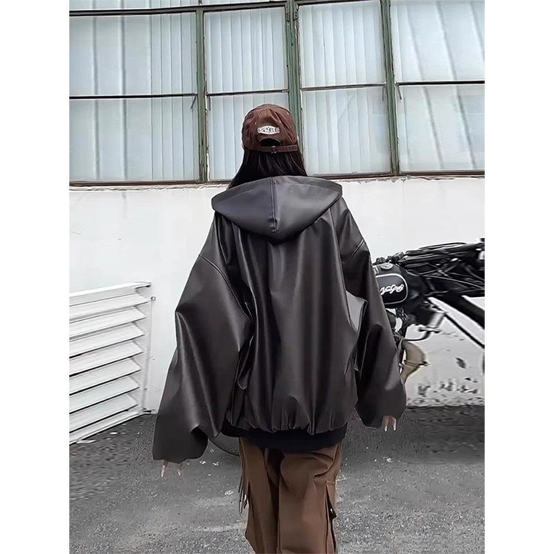 美式复古连帽皮衣外套男春秋款痞帅高级感机车服潮牌PU皮卫衣夹克
