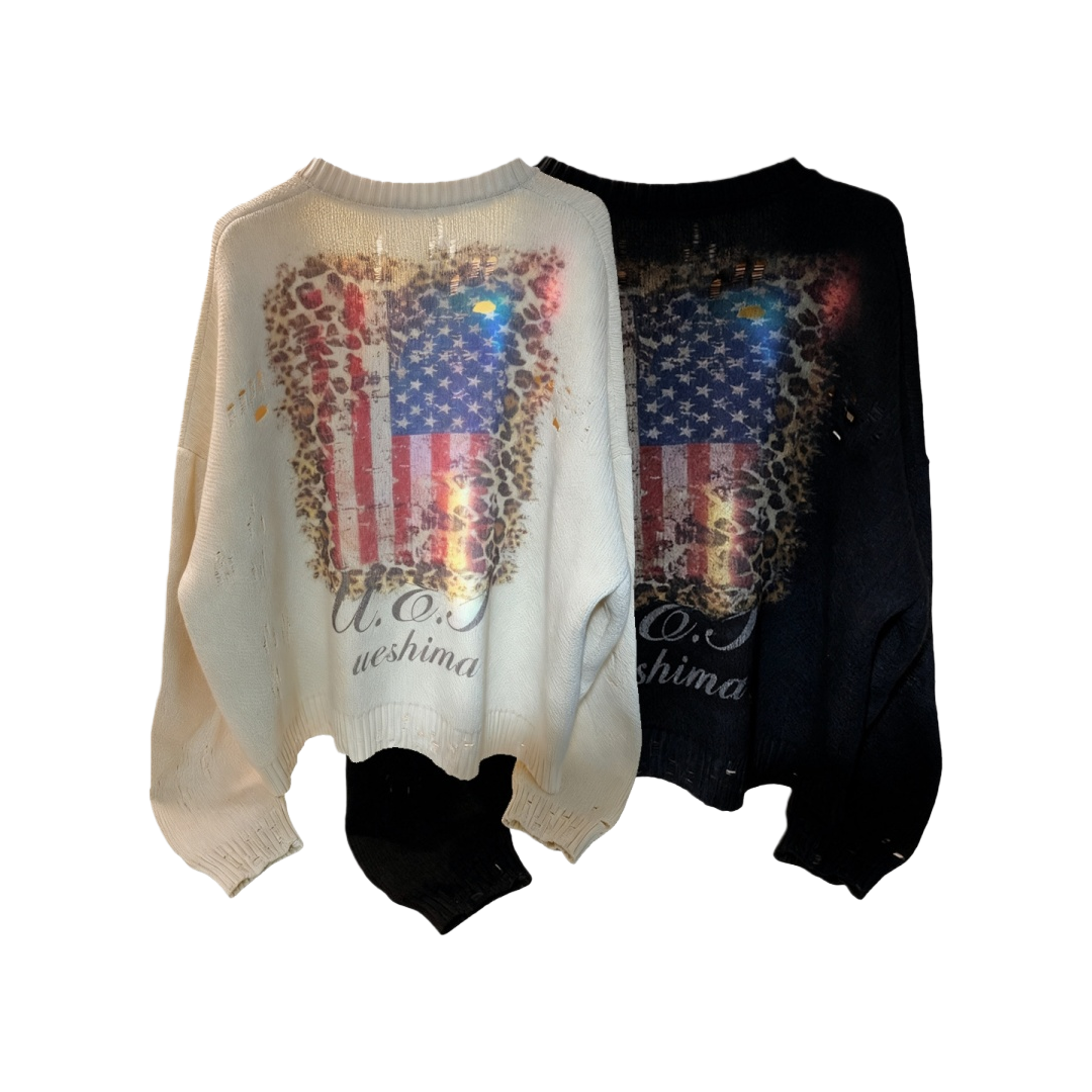 秋冬季豹纹海军蓝旗帜开衫毛衣男女美式复古保暖针织衫外套潮