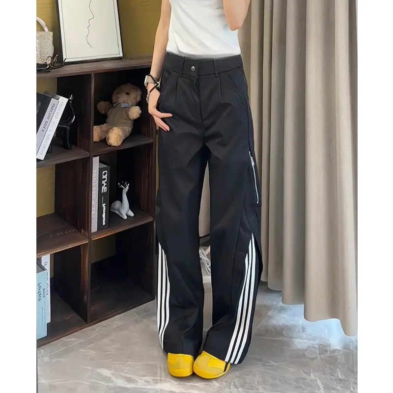 美式cleanfit穿搭条纹休闲西裤男款夏季侧边拉链设计微喇直筒裤子