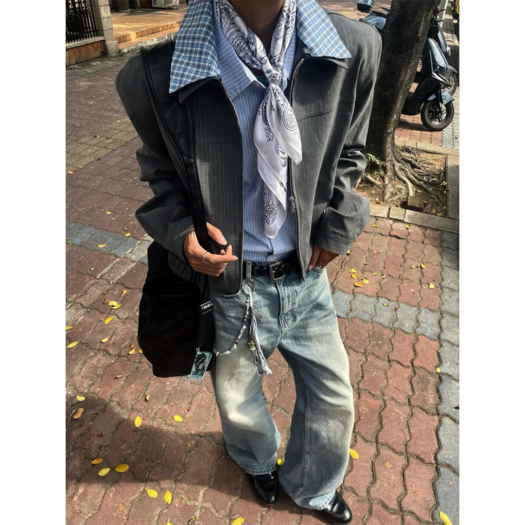 美式假两件双层翻领西装夹克男款秋季高级感正肩cleanfit短款外套