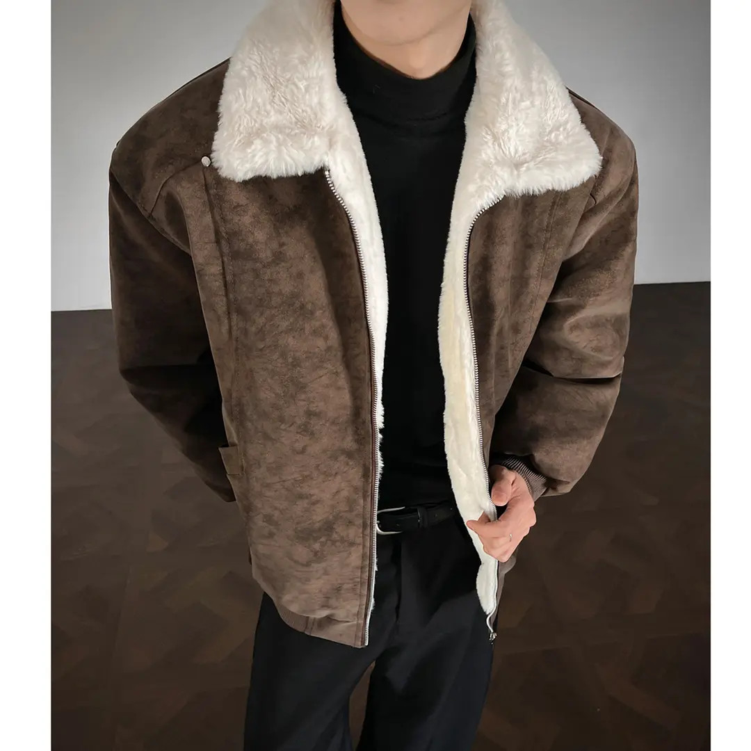 美拉德风羊羔绒pu皮夹克棉衣男冬季加绒加厚巴恩凤棉服情侣款外套