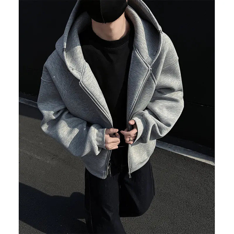 灰色cleanfit连帽廓形短款卫衣男2025春秋新款480克重磅拉链外套