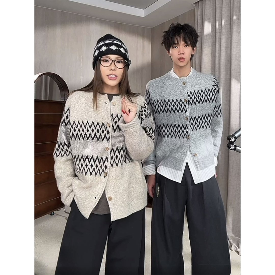 错位费尔岛提花针织衫男女秋冬季保暖高知老钱风情侣毛衣开衫外套