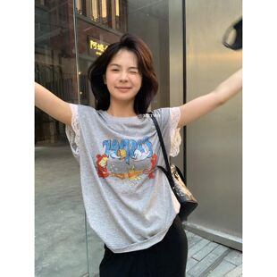8898蕾丝拼接卡通印花短袖 METWO T恤女 孤品清仓