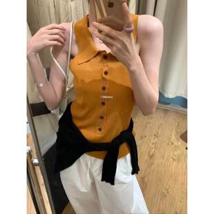 8771黄色工字polo领针织背心女无袖 METWO 上衣 孤品清仓