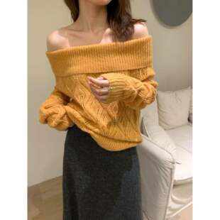 9101橘色一字肩毛衣女镂空钩织两穿针织衫 METWO 孤品清仓