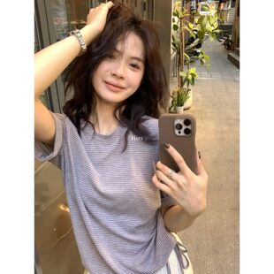 hers复古条纹抽绳短袖 一勺甜 T恤圆领打底92123 孤品清仓
