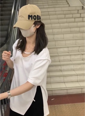 【孤品清仓】METWO前扣开叉白色不规则上衣 v领T恤女8891