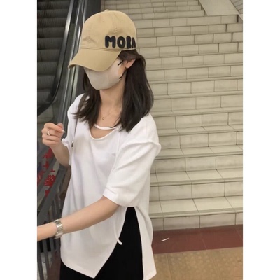 【孤品清仓】METWO前扣开叉白色不规则上衣 v领T恤女8891