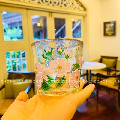 忠俊纯手工制作水晶玻璃 小清新日式 蝴蝶洋牡丹 玻璃茶杯 水杯