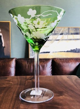 忠俊纯手制作绿色喷色深度沙打梅花玻璃鸡尾酒杯 甜品杯
