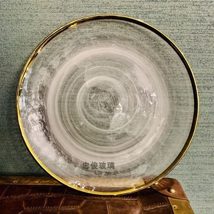 忠俊纯手工制作水晶玻璃中号冷纹金边云雾盘点心盘特价21cm