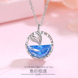 925纯银鱼你相遇项链简约时尚鱼尾海洋蓝钻项链生日礼物送女友