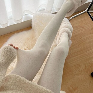 袜 秋冬白色加厚女外紧身显瘦螺纹保暖条纹连裤 加绒打底裤 袜棉裤