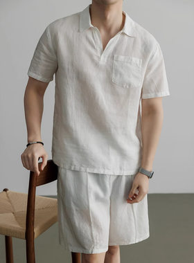 高端天丝麻运动服套装男2026夏季新款海鸥领t恤短裤运动休闲套装