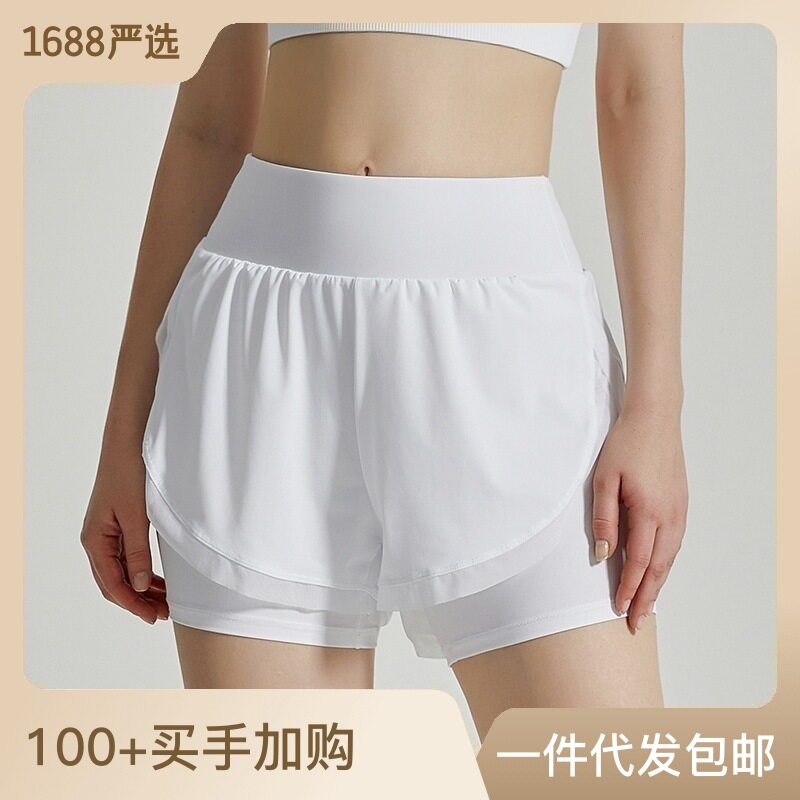 假两件防走光运动短裤女外穿速干透气宽松网纱拼接健身三分短裤女