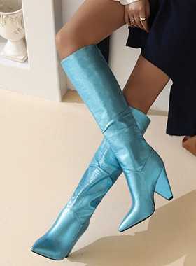 欧美新款蓝色女靴子蓝色高跟时装靴尖头高筒靴大码44 45 46 47 48