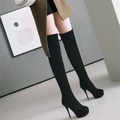 48码 性感显瘦细跟弹力过膝长靴子大码 超高跟过膝靴