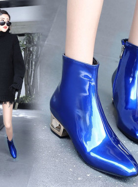 英伦风异型跟方头漆皮短靴大码44 45 46 47 48漆皮粗跟马丁靴蓝色