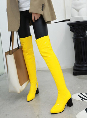 黄色女靴绿色亮皮过膝靴红色长靴粗跟漆皮长靴大码44 45 46 47 48