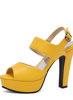 超高跟鱼嘴罗马鞋防水台粗跟凉鞋黄色高跟凉鞋大码46 47 48 49 50