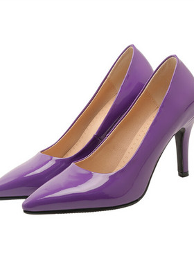 通勤尖头糖果色漆皮单鞋豹纹紫色高跟鞋大码45 46 47 48 49 50 51