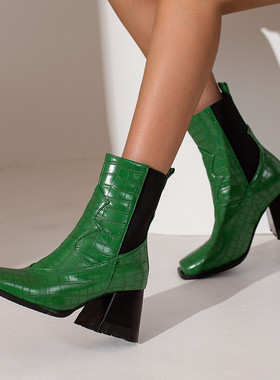 欧美方头粗跟女靴子鳄鱼纹时装靴绿色高跟短靴大码44 45 46 47 48