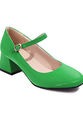 休闲百搭一字搭扣方头粗跟单鞋玫红色绿色中跟鞋大码44 45 46 47