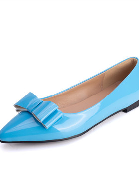 甜美蝴蝶结尖头平跟鞋紫色蓝色漆皮平底鞋大码46 47 48 49 50 51