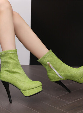 绿色高跟靴子超高跟防水台青色时装靴子大码44 45 46 47 48 49 50