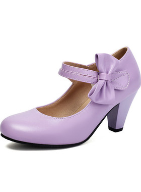 紫色高跟鞋魔术贴粉色单鞋优雅蝴蝶结粗跟单鞋大码44 45 46 47 48