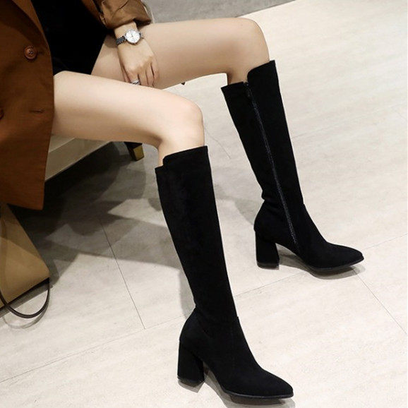 欧美尖头百搭粗跟骑士靴绒面高筒靴大码43 44 45 46 47码高跟靴子,女鞋,骑士靴,淘宝优惠券,粉丝福利购,淘宝优惠卷