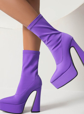 紫色短靴子玫红色中筒靴蓝色高跟靴子防水台粗跟弹力靴大码40-45