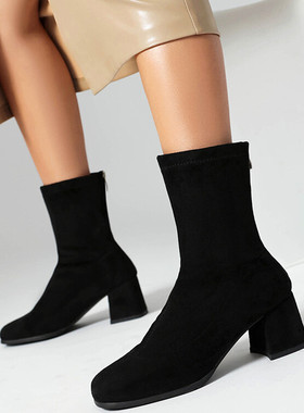 休闲百搭后拉链粗跟短靴军绿色绒面高跟弹力靴大码44 45 46 47 48